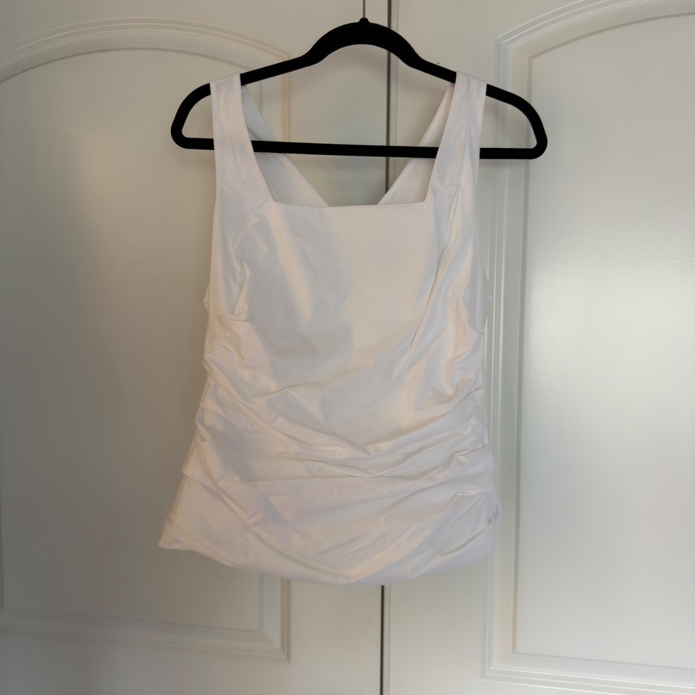 Ann Taylor White Ruched Sleeveless Blouse Square Neck Back Zip Top Womens 8